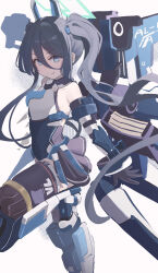 1girl absurdres aris_(blue_archive) aris_(mecha_suit)_(blue_archive) bare_shoulders black_hair black_thighhighs blue_archive blue_boots blue_eyes blue_leotard blue_necktie boots bracer closed_mouth detached_sleeves expeddddd hair_between_eyes highres knee_boots leotard long_bangs long_hair looking_at_viewer mecha_pilot_suit multicolored_leotard necktie official_alternate_costume official_alternate_hairstyle sidelocks smile solo standing standing_on_one_leg thighhighs twintails very_long_hair