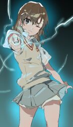 Rule 34 | 1girl, absurdres, brown eyes, brown hair, brown sweater vest, coin, electricity, electrokinesis, glowing, hair ornament, hairpin, highres, holding, holding coin, k einosuke, looking at viewer, misaka mikoto, one eye closed, pleated skirt, railgun (misaka mikoto), school emblem, school uniform, shorts, shorts under skirt, simple background, skirt, solo, summer uniform, sweater vest, toaru kagaku no railgun, toaru majutsu no index, tokiwadai school uniform