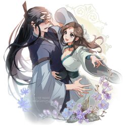 1boy 1girl black_hair black_hanfu blue_eyes breasts brown_eyes brown_hair chinese_clothes cleavage facial_mark flower forehead_mark genderswap genderswap_(mtf) green_trim gzgzmym hanfu highres huadian long_hair long_sleeves medium_breasts open_mouth robe shi_qingxuan shi_wudu siblings smile tianguan_cifu white_hanfu wide_sleeves xiao_guan_(headdress)