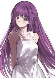 1girl arms_behind_back breasts bright_pupils closed_mouth collarbone fern_(sousou_no_frieren) highres long_hair looking_at_viewer medium_breasts moku_(muooku) purple_hair shirt simple_background sketch sleeveless sleeveless_shirt solo sousou_no_frieren white_background white_pupils