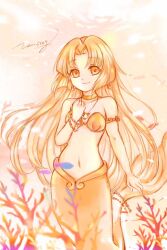 1girl armlet bead_bracelet beads bikini bracelet choker clenched_hand closed_mouth coral dot_nose fins fish fish_tail highres jewelry lan_sing light_particles long_hair mermaid mermaid_melody_pichi_pichi_pitch monster_girl navel necklace orange_background orange_bikini orange_choker orange_eyes orange_hair orange_tail parted_bangs seira_(mermaid_melody_pichi_pichi_pitch) shell shell_bikini shell_necklace signature smile solo stomach strapless strapless_bikini swimsuit tail underwater very_long_hair
