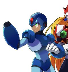 2boys android arm_cannon armor blonde_hair blue_armor blue_eyes blue_helmet chest_jewel closed_mouth energy_sword forehead_jewel gloves green_eyes guutara helmet highres holding holding_sword holding_weapon jewelry joints long_hair male_focus mega_man_(series) mega_man_x_(series) multiple_boys open_mouth ponytail red_armor red_helmet robot robot_ears robot_joints shoulder_armor signature simple_background sword very_long_hair weapon white_background white_gloves x_(mega_man) z_saber zero_(mega_man)
