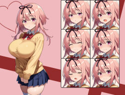 Rule 34 | 1girl, ^ ^, asanagi shion, black ribbon, blue skirt, blush, bow, bowtie, breasts, cardigan, closed eyes, closed mouth, collared shirt, fanged bangs, hair ribbon, heart, highres, large breasts, long sleeves, looking at viewer, medium hair, multiple expressions, navel, open mouth, original, pink background, pink eyes, pink hair, pleated skirt, red bow, red bowtie, ribbon, school uniform, shirt, skirt, smile, solo focus, teeth, thighhighs, two side up, upper teeth only, white shirt, white thighhighs, yellow cardigan