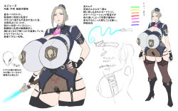 1girl boots breast_harness breasts brown_hair reference_sheet cleavage crotch_plate curvy energy_whip expressionless full_body garter_straps gigantic_breasts hair_bun hand_on_own_hip heart heart_tattoo high_heel_boots high_heels highres impossible_clothes knee_boots kurohardt lips original parted_bangs pubic_tattoo see-through_clothes simple_background single_hair_bun solo tattoo thick_thighs thighhighs thighs translation_request updo white_background