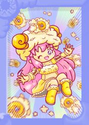 10s 1girl 2015 animal animal_hat animal_on_head blue_background blue_eyes blush boots breasts child chinese_zodiac collarbone detached_sleeves dress fake_horns floating fur-trimmed_boots fur-trimmed_dress fur_trim happy_new_year hat horned_hat horned_headwear horns long_hair long_sleeves looking_at_viewer misukomu_plus navel new_year nipples on_head open_mouth original pink_hair sheep sheep_hat smile sunburst sunburst_background white_hat year_of_the_goat yellow_boots yellow_dress zodiac_girl_(misukomu_plus)