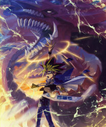 1boy absurdres arm_up belt black_belt card chain dragon duel_disk duel_monster highres holding holding_card male_focus millennium_puzzle muto_yugi open_mouth osiris_the_sky_dragon outdoors pants plytometo spiked_hair studded_belt wristband yu-gi-oh! yu-gi-oh!_duel_monsters