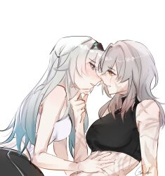 2girls black_shirt blue_eyes blue_hair commentary crop_top english_commentary eye_contact firefly_(honkai:_star_rail) glaciel gradient_hair grey_hair hand_on_another&#039;s_cheek hand_on_another&#039;s_face hand_on_another&#039;s_stomach highres honkai:_star_rail honkai_(series) looking_at_another multicolored_hair multiple_girls parted_lips scar scar_on_arm scar_on_face scar_on_stomach shirt simple_background smile stelle_(honkai:_star_rail) trailblazer_(honkai:_star_rail) white_background white_hair white_shirt yellow_eyes yuri