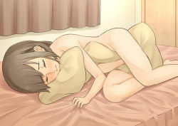1girl blush brown_hair female_focus female_masturbation komaniwa_pumpkin masturbation nude on_bed original pillow_humping solo