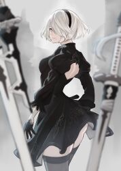 Rule 34 | 1girl, 2b (nier:automata), absurdres, back cutout, black dress, black gloves, black hairband, black thighhighs, blurry, blurry background, blurry foreground, breasts, closed mouth, clothes lift, clothing cutout, cowboy shot, depth of field, dress, dress lift, fog, gloves, hair over one eye, hairband, highres, ito yoshi, juliet sleeves, long sleeves, looking at viewer, looking back, medium breasts, mole, mole under mouth, nier:automata, nier (series), outdoors, puffy long sleeves, puffy sleeves, short hair, smile, solo, sword, thighhighs, weapon, white hair