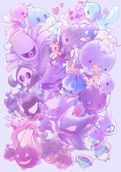 :&lt; banette black_eyes commentary_request drifblim drifloon dusclops dusknoir duskull fangs frillish frillish_(female) frillish_(male) galarian_corsola galarian_form gastly gem gen_1_pokemon gen_2_pokemon gen_3_pokemon gen_4_pokemon gen_5_pokemon gen_6_pokemon gen_7_pokemon gen_8_pokemon gengar gourgeist grey_background grin haunter heart highres holding holding_gem jellicent jellicent_(female) jellicent_(male) legendary_pokemon looking_down marshadow mimikyu misdreavus mismagius mythical_pokemon nintendo no_humans osaki_makura pokemon pokemon_(creature) polteageist pumpkaboo purple_eyes rotom rotom_(normal) sableye shuppet sinistea smile teeth