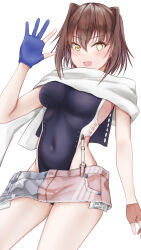 Rule 34 | 1girl, american flag, american flag print, american flag skirt, asymmetrical gloves, black one-piece swimsuit, blue gloves, breasts, brown hair, cosplay, covered navel, denim, denim skirt, elbow gloves, flag print, furutaka (kancolle), gloves, glowing, glowing eye, highleg, highleg one-piece swimsuit, highres, kantai collection, koru pera, large breasts, looking at viewer, mismatched gloves, one-piece swimsuit, partially fingerless gloves, print skirt, red gloves, scarf, short hair, simple background, single elbow glove, skirt, solo, super highleg, swimsuit, two-tone one-piece swimsuit, wahoo (kancolle), wahoo (kancolle) (cosplay), white background, white one-piece swimsuit, white scarf, yellow eyes