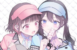 Rule 34 | 2girls, blue eyes, blue neckerchief, blue shirt, blue visor, blush, brown hair, character request, closed mouth, commentary request, commission, copyright request, food, hand up, highres, holding, holding food, holding ice cream, holding tray, ice cream, kumo tabetai, long hair, looking at food, low twintails, medium hair, multicolored hair, multiple girls, neckerchief, open mouth, pink eyes, pink hair, pink neckerchief, pink shirt, pink visor, pout, shirt, tray, twintails