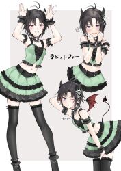 1girl absurdres aburi-gatana antenna_hair armband arms_up black_choker black_hair black_thighhighs blush border choker closed_mouth demon_horns demon_tail demon_wings fake_horns frilled_armband frilled_choker frills green_shirt green_skirt grey_background grin hands_up heart heart-shaped_pupils highres horns idolmaster idolmaster_(classic) idolmaster_million_live! idolmaster_million_live!_theater_days kikuchi_makoto leaning_forward looking_at_viewer midriff multiple_views navel one_eye_closed open_mouth outside_border purple_eyes secret_lip_(idolmaster) shirt short_hair simple_background skirt smile standing symbol-shaped_pupils tail thighhighs white_border wings