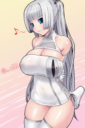 1girl arms_behind_back bare_shoulders blue_eyes breasts cleavage controller curvy dress elbow_gloves female_focus game_console game_controller gloves grey_panties huge_breasts kei_jiei large_breasts long_hair musical_note nipples panties pantyshot playstation_3 ponytail product_girl ps3-tan puffy_nipples side-tie_panties skindentation skirt smile solo sony strapless thighhighs tube_top underwear upskirt very_long_hair whistle white_dress white_hair white_skirt