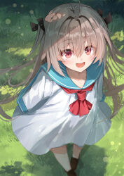 1girl :d absurdres ahoge arms_at_sides ascot atri atri-my_dear_moments- black_ribbon blue_sailor_collar blurry blush brown_hair brown_shoes collarbone colored_eyelashes commentary day depth_of_field dress eyes_visible_through_hair film_grain floating_hair foreshortening from_above full_body hair_between_eyes hair_intakes hair_ribbon happy highres loafers long_hair long_sleeves looking_at_viewer looking_up no_socks nodoameyatou on_grass open_mouth outdoors red_ascot red_eyes ribbon sailor_collar sailor_dress sanpaku shoes smile solo tsurime two_side_up upturned_eyes very_long_hair white_dress wide_sleeves