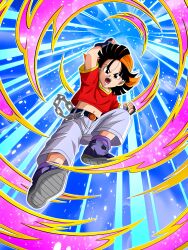 1girl angry belt black_belt black_eyes black_hair blue_background chain child dokkan_battle dragon_ball dragon_ball_gt dragon_ball_z_dokkan_battle energy fingerless_gloves gloves kicking looking_down navel official_art open_mouth pan_(dragon_ball) serious solo teeth