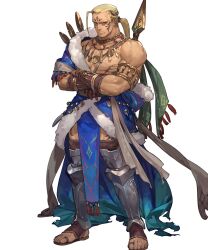 1boy armlet bare_pectorals blonde_hair covered_erect_nipples crossed_arms dark-skinned_male dark_skin facial_tattoo fire_emblem fire_emblem:_the_binding_blade fire_emblem_heroes full_body fur_trim gold_necklace hawkeye_(fire_emblem) highres jewelry lance large_pectorals leg_armor long_hair male_focus muscular muscular_male necklace nintendo non-web_source official_art pectorals polearm ponytail sandals so-taro tattoo toes transparent_background weapon