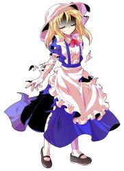 Rule 34 | 1girl, alphes (style), apron, arm at side, black shoes, blonde hair, blue dress, collared dress, commentary request, dairi, defeat, dress, elbow gloves, frilled apron, frilled gloves, frills, full body, gloves, hair between eyes, hat, hat ribbon, kana anaberal, large variant set, legs apart, maid apron, mary janes, medium hair, parody, puffy short sleeves, puffy sleeves, red ribbon, ribbon, shaded face, shoes, short sleeves, sidelocks, socks, solo, standing, style parody, tachi-e, torn clothes, touhou, touhou (pc-98), transparent background, variant set, white apron, white gloves, white hat, white socks