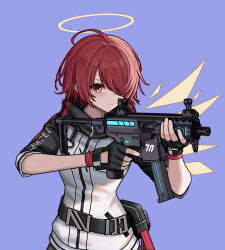 Rule 34 | 1girl, absurdres, aiming, angel, angel wings, arknights, belt, black gloves, black skirt, breasts, check commentary, chinese commentary, closed mouth, clothes writing, commentary request, detached wings, energy wings, expressionless, exusiai (arknights), finger on trigger, fingerless gloves, gaai, gloves, grey shirt, gun, hair over one eye, halo, highres, holding, holding gun, holding weapon, hood, hood down, hooded jacket, jacket, long sleeves, magazine (weapon), pouch, purple background, red hair, shirt, short hair, sidelocks, sig mpx, sig sauer, simple background, skirt, solo, submachine gun, traditional halo, weapon, white jacket, wings