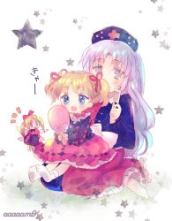 3girls alternate_hairstyle amo_(shibu3) artist_name black_shirt blonde_hair blouse blue_eyes collared_shirt comb commentary_request constellation_print fairy fairy_wings full_body grey_hair hair_ribbon hat highres holding holding_mirror long_hair long_skirt long_sleeves medicine_melancholy mirror multicolored_shirt multicolored_skirt multiple_girls nurse_cap puffy_long_sleeves puffy_sleeves red_ribbon red_skirt ribbon sash seiza shirt sitting sitting_on_lap sitting_on_person skirt star_(symbol) star_symbol_background su-san touhou twintails twintails_day white_legwear white_sash wings yagokoro_eirin