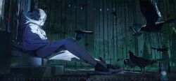 Rule 34 | 1boy, 6890390145, aotsuki eito, bird, blood, bloody tears, cage, chinese commentary, crescent moon, crow, flower, full moon, gibbous moon, glasses, gloves, grey hair, highres, hollow eyes, jacket, lavender (flower), luxembourgish text, male focus, moon, moon phases, night, red eyes, red petals, short hair, solo, the hundred line -last defense academy-, white jacket