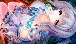 1girl blush breasts dress female_focus game_cg hair_ornament large_breasts long_hair looking_at_viewer lying mayoeru_futari_to_sekai_no_subete red_eyes saeki_touka school_uniform smile solo white_hair youta