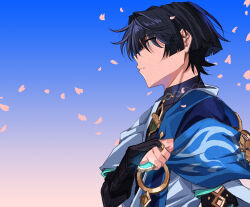 1boy aqua_gemstone aqua_sleeves arm_at_side armor black_bodysuit black_bridal_gauntlets black_hair blue_cape blue_eyes blue_sky blunt_ends bodysuit bridal_gauntlets cape clear_sky clenched_hand closed_mouth clutching_chest covered_collarbone dintoge falling_petals from_side gem genshin_impact glowing_gem gold gold_ring hand_up highres holding holding_gem japanese_armor japanese_clothes kimono kote kurokote layered_sleeves looking_to_the_side male_focus mandarin_collar middle_ring outdoors petals pink_petals scaramouche_(genshin_impact) short_sleeves sky solo upper_body vision_(genshin_impact) wanderer_(genshin_impact) white_kimono white_sleeves white_trim