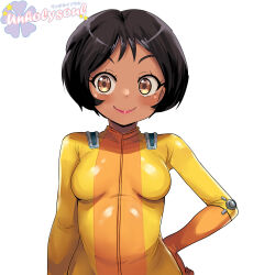 Rule 34 | 1girl, alex (totally spies), artist name, black hair, blush, bodysuit, breasts, brown eyes, closed mouth, dark-skinned female, dark skin, hand on own hip, highres, lipstick, looking at viewer, makeup, short hair, simple background, small breasts, smile, solo, sparkling eyes, totally spies, unholysoul, upper body, white background, yellow bodysuit