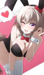 1girl absurdres alternate_costume animal_ears commentary_request curren_chan_(umamusume) fake_animal_ears grey_hair groin hairband heart highres horse_ears leotard looking_at_viewer nel-c one_eye_closed playboy_bunny purple_eyes ribbon simple_background solo spoken_heart teeth thighhighs umamusume upper_teeth_only white_thighhighs