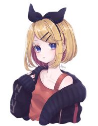Rule 34 | 1girl, alternate hairstyle, aomidori (em em37), black bow, blonde hair, bow, bowtie, clothes writing, collarbone, hair ornament, hairclip, head tilt, highres, jacket, kagamine rin, looking at viewer, open clothes, open jacket, purple eyes, red nails, short hair, simple background, solo, swept bangs, upper body, vocaloid, white background