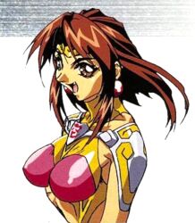 1990s_(style) 1996 armor brown_eyes brown_hair choujin_gakuen_gowcaizer cosplay fang fang_out lowres oobari_masami retro_artstyle shoulder_armor son_karin spandex sun_hualing sun_wukong_(cosplay) tiara