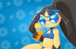 1girl arm_at_side artist_name bare_shoulders big_hair bikini black_hair black_skin blue-framed_eyewear blue-tinted_eyewear blue_background blue_bikini blue_hat blue_outline breasts cleavage_cutout clothing_cutout collarbone colored_skin cup drink drinking drinking_glass drinking_straw female_focus food fruit gen_3_pokemon hand_up hat high_ponytail highres holding holding_drink holding_drinking_glass large_variant_set lemon lemon_slice long_hair lotion mawaifu mawile multi-strapped_bikini_bottom multicolored_skin navel nintendo outline pokemon pokemon_(creature) ponytail see-through_hat sidelocks signature sitting small_breasts solo star_(symbol) star_symbol_background stomach sunglasses sunscreen sweat swimsuit tinted_eyewear two-tone_skin variant_set very_long_hair visor_cap yellow_skin