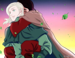 2boys arm_around_neck artist_name beleg black_hair carrying cinemairon cloak closed_eyes closed_mouth elf floating_hair leaf male_focus multiple_boys pointy_ears the_silmarillion tolkien&#039;s_legendarium turin