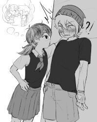 Rule 34 | !?, 1boy, 1girl, ^^^, absurdres, against wall, antenna hair, arm up, arms at sides, aubrey (faraway) (omori), aubrey (omori), bandaid, bandaid on face, bandaid on nose, beanie, blush, bright pupils, buttons, cabronpr, clenched teeth, collared shirt, commentary, cowboy shot, double-parted bangs, english commentary, eye contact, fingerless gloves, fingernails, genderswap, genderswap (ftm), genderswap (mtf), gloves, greyscale, hair between eyes, hand on own hip, hat, hero (omori), hetero, highres, image in thought bubble, kabedon, layered sleeves, long sleeves, looking at another, mari (omori), medium hair, miniskirt, monochrome, neckerchief, nose blush, omori, profile, shirt, shirt partially tucked in, short hair, short over long sleeves, short sleeves, shorts, simple background, skirt, speech bubble, standing, sunny (omori), sweat, sweater vest, teeth, thought bubble, white background