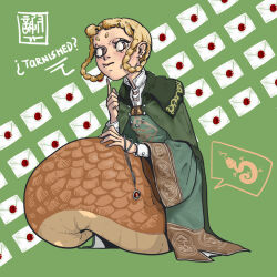 :&gt; ? alternate_form blonde_hair braid braided_hair_rings dress elden_ring fang green_background green_dress hair_rings high_collar highres index_finger_raised jewelry letter lizard_tail looking_to_the_side pendant reptile_girl rya_(elden_ring) short_eyebrows short_hair slit_pupils snake_girl snake_tail solo tail wax_seal wide_sleeves wizarpipe