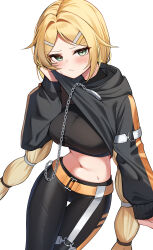 1girl absurdres belt black_hoodie black_pants black_shirt black_survival blonde_hair blush braid breasts chain clothes_lift cowboy_shot crop_top eternal_return:_black_survival frown green_eyes hand_up highres hood hood_down hoodie hoodie_lift large_breasts lifting_own_clothes long_hair long_sleeves looking_at_viewer low_twintails midriff navel nicky_blake pants parted_bangs shirt simple_background solo stomach sweat taut_clothes taut_shirt thigh_gap track_pants twin_braids twintails undershirt v-shaped_eyebrows very_long_hair white_background ziro_(zirorong)