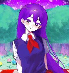 Rule 34 | 1girl, arms at sides, black eyes, blue flower, breasts, bright pupils, closed mouth, collared shirt, colored eyelashes, colored skin, double-parted bangs, flower, grabbing from behind, gradient eyes, grass, hair between eyes, hashtag-only commentary, head tilt, highres, long hair, looking at viewer, mari (headspace) (omori), mari (omori), multicolored eyes, neckerchief, omori, outdoors, picnic blanket, pink flower, purple eyes, purple hair, purple sky, purple sweater vest, raised eyebrows, red neckerchief, red skirt, rou (h s sinrin), shirt, short sleeves, skirt, sky, small breasts, smile, solo, sparkle, straight hair, sweater vest, tree, two-tone eyes, upper body, very long hair, white pupils, white shirt, white skin, yellow flower