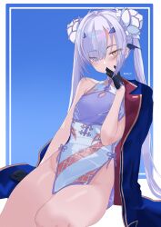 1girl absurdres arm_support artist_name bare_arms bare_legs bare_shoulders black_gloves blue_background blue_coat blush breasts china_dress chinese_clothes closed_mouth coat coat_on_shoulders covered_mouth covering_own_mouth dragon_wings dress fate/grand_order fate_(series) flower forked_eyebrows full_body gloves hair_ornament hair_over_one_eye highres kayu_manis19 long_hair looking_at_viewer melusine_(fate) mini_wings off_shoulder original sidelocks signature simple_background sitting sleeveless small_breasts thighs white_cheongsam white_flower white_hair wings yellow_eyes