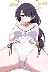 1girl bikini black_bikini black_choker black_hair blue_archive breasts cameltoe choker cleavage closed_mouth commission covered_navel hair_over_one_eye halo highres hinata_(blue_archive) hinata_(swimsuit)_(blue_archive) io9 large_breasts long_hair one-piece_swimsuit pixiv_commission red_eyes simple_background sitting solo swimsuit white_background white_one-piece_swimsuit yellow_halo