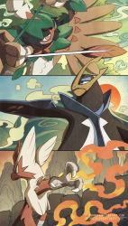 arrow_(projectile) blaziken blue_eyes blue_sky bow_(weapon) claws cloud commentary creature decidueye empoleon furry gen_3_pokemon gen_4_pokemon gen_7_pokemon holding holding_bow_(weapon) holding_weapon lanmana mega_pokemon mountain nintendo orange_eyes outdoors pokemon pokemon_(creature) sky sun trait_connection upper_body watermark weapon web_address