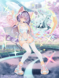 2girls animal_hood blue_eyes blue_hair breasts cherry_blossoms gluteal_fold halo highres hood jacket leotard long_hair looking_at_viewer medium_breasts multicolored_leotard multiple_girls navel obiwan open_clothes open_jacket outdoors purple_hair see-through_clothes see-through_leotard thighhighs weisuoxin white_thighhighs z/x