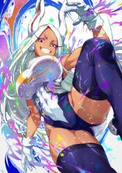 1girl abs absurdres animal_ears armpits ass bare_shoulders biceps boku_no_hero_academia breasts clothing_cutout commentary_request covered_abs covered_navel crescent_print dark-skinned_female dark_skin fur_collar gloves grin heattech_leotard highleg highleg_leotard highres large_breasts leotard long_eyelashes long_hair looking_at_viewer mirko momoyama_tits multicolored_leotard muscular muscular_female parted_bangs purple_leotard purple_thighhighs rabbit_ears rabbit_girl rabbit_tail red_eyes short_eyebrows sleeveless sleeveless_turtleneck_leotard smile solo tail tail_through_clothes taut_leotard teeth thick_thighs thighhighs thighs turtleneck very_long_hair white_gloves white_hair white_leotard