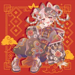 1girl animal_ears baggy_pants bandaid bandaid_on_face belt black_hair blush cat_ears chinese_clothes eating fang flower full_body hair_bun hair_ornament hairpin jewelry laughing long_sleeves looking_at_viewer necklace open_mouth original pants red_background red_eyes red_nails shoes simple_background sitting smile solo sorata123 white_hair yellow_background