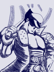 Rule 34 | 1boy, armor, bahn, blake oswald, bukkake, clenched hand, cum, fighting vipers, fingerless gloves, frown, gloves, hat, hat over eyes, hidden eyes, highres, jacket, japanese text, monochrome, muscular, muscular male, open clothes, open jacket, sega, shoulder armor