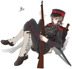 1girl arisaka backpack bag bolt_action entrenching_tool full_body gun highres korean_empire looking_at_viewer lying medium_hair military_uniform mmmn540d88 on_back orange_eyes original rifle shadow sheath visor_cap weapon white_background