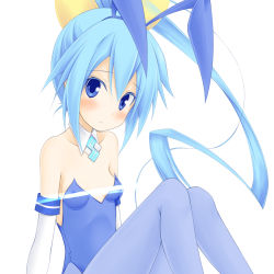 animal_ears bare_shoulders blue_eyes blue_hair bodysuit breasts choujigen_game_neptune choujigen_taisen_neptune_vs_sega_hard_girls coconut_milk_(artist) collar compile_heart frown highres idea_factory leggings leotard long_hair neptune_(series) nervous playboy_bunny ponytail rabbit_ears ribbon sega_hatsumi small_breasts swimsuit unsure very_long_hair