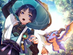 1boy anemo_symbol_(genshin_impact) aqua_gemstone aranara_(genshin_impact) arm_up armor belt black_belt black_bodysuit black_bow black_bridal_gauntlets black_hair black_shorts blue_cape blue_hat blue_kimono blue_pupils blue_sky blue_sleeves blunt_ends bodysuit bow bridal_gauntlets cape cloud cloudy_sky creature curled_fingers dragon dutch_angle eyeliner eyeshadow feathers fingernails gem genshin_impact glowing_markings gold gold_ring hat japanese_armor japanese_clothes jingasa juban kimono kote kurokote layered_sleeves lens_flare looking_at_another looking_to_the_side makeup mandarin_collar middle_ring mini_durin_(dragon)_(genshin_impact) mini_durin_(genshin_impact) ohiru_(ac1at1) open_clothes open_kimono open_mouth outdoors parted_bangs pom_pom_(clothes) purple_eyes purple_rope purple_sash red_eyeliner red_eyeshadow ringed_eyes rope sash scaramouche_(genshin_impact) short_sleeves shorts shoulder_peek sky small_dragon sun tassel teeth tongue upper_body upper_teeth_only vision_(genshin_impact) wanderer_(genshin_impact) white_kimono white_sleeves white_trim yellow_feathers