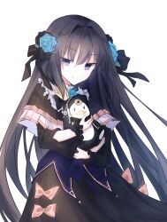 Rule 34 | 1girl, arcaea, arm cutout, black bow, black bowtie, black capelet, black hair, black ribbon, black skirt, blue corset, blue eyes, blue flower, blue rose, bow, bow skirt, bowtie, capelet, closed mouth, commentary request, corset, cowboy shot, flower, hair between eyes, hair flower, hair intakes, hair ornament, hair ribbon, highres, holding, holding stuffed toy, lesyef103, long hair, long sleeves, looking at viewer, pleated capelet, ribbon, rose, simple background, skirt, smile, solo, standing, stuffed animal, stuffed penguin, stuffed toy, tairitsu (arcaea), tairitsu (grievous lady) (arcaea), very long hair, white background