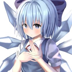 1girl absurdres blue_bow blue_dress blue_eyes blue_hair blush bow breasts cirno closed_mouth collared_shirt dress hair_between_eyes hair_bow highres medium_hair naganegi_(yvee2588) neck_ribbon pinafore_dress puffy_short_sleeves puffy_sleeves red_ribbon ribbon shirt short_sleeves simple_background sleeveless sleeveless_dress small_breasts solo touhou upper_body white_background white_shirt
