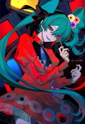 1girl aqua_eyes aqua_hair artist_name asymmetrical_hair black_background black_hairband black_ribbon candy character_name colored_mouth cowboy_shot crt dress eyeball_hair_ornament food hair_between_eyes hair_ornament hairband hatsune_miku highres holding holding_candy holding_food holding_lollipop juliet_sleeves kuroume_(aihikarikuroume24) lollipop long_hair long_sleeves looking_at_viewer open_mouth psi_(vocaloid) puffy_sleeves red_dress ribbon ringed_eyes smile solo song_name television twintails twitter_username uneven_twintails very_long_hair vocaloid